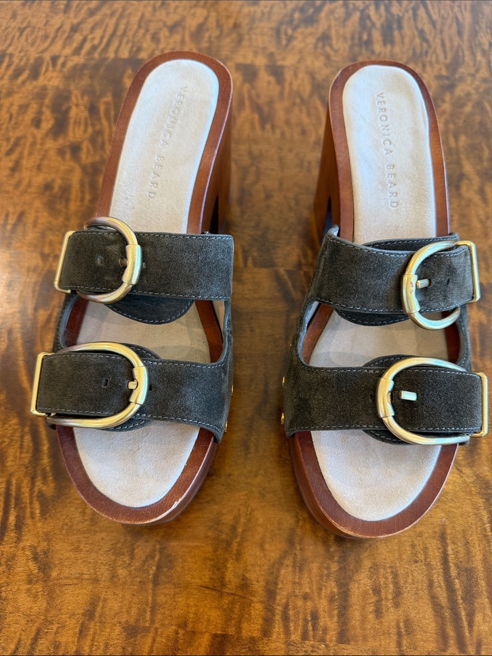 Veronica Beard Dark Brown Suede Double-Buckle Mule Sandals